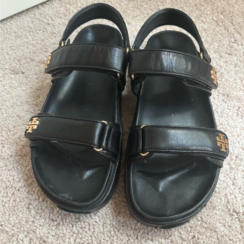Tory Burch Black Leather Sandals with Gold Logo